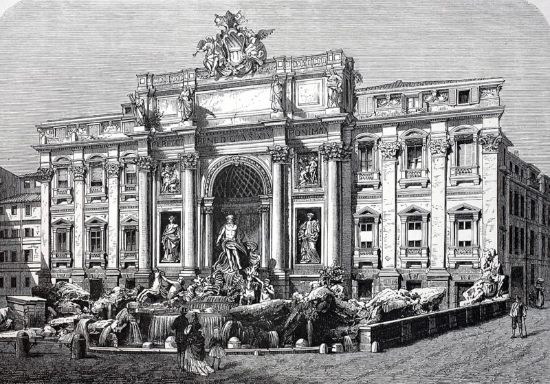 The Trevi Fountain, Fontana di Trevi, around 1800, Rome, Italy, Historical, digitally restored reproduction of a 19th century model