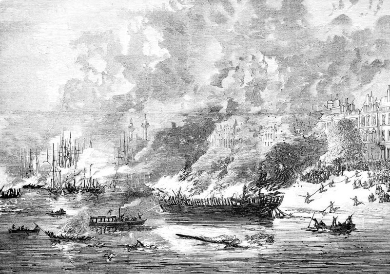 The great fire in the harbour of Bordeaux in 1869, France, Historical, Reproduction from an original with a scene from the 19th century