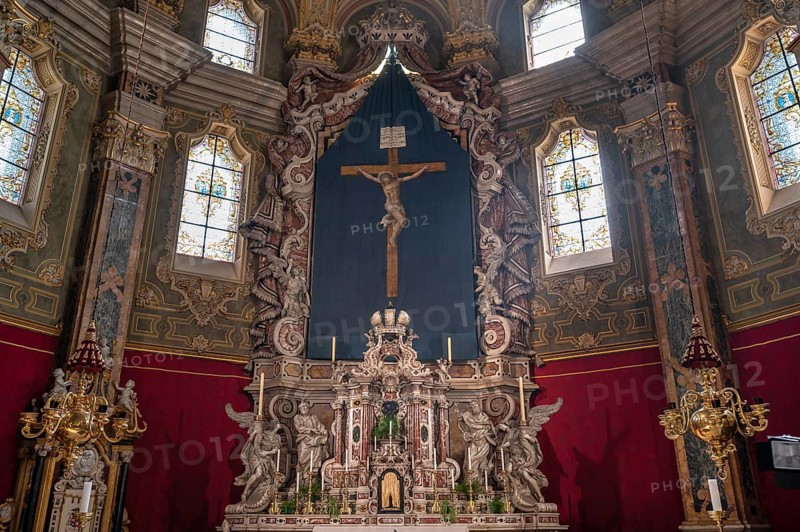 High altar with Lenten cloth in Bressanone Cathedral, Cathedral Square, Bressanone, South Tyrol, Italy