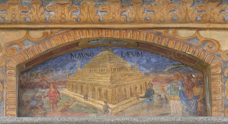 Fresco World Wonder Mausoleum Halicarnossus at the Miracle Fountain, 1508, in the inner courtyard of Neustift St Margarethen Monastery, Vahrn, district of Bolzano, South Tyrol, Italy