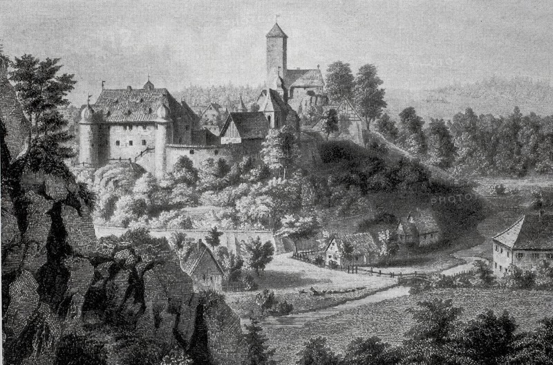 View in the Middle Ages of Aufseß Castle, Aufsess, in the district of Bayreuth, Upper Franconia, Bavaria, Germany, digitally enhanced reproduction of a 19th century original, historical, exact date unknown