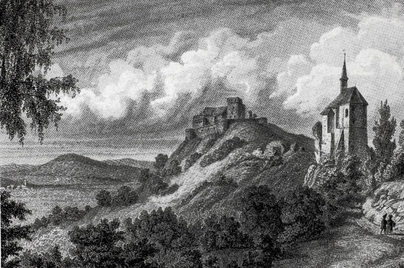 Giechburg and the Gügel church near Scheßlitz in the Middle Ages, Bamberg district, Upper Franconia, Bavaria, Germany, digitally enhanced reproduction of a 19th century original, historical, exact date unknown