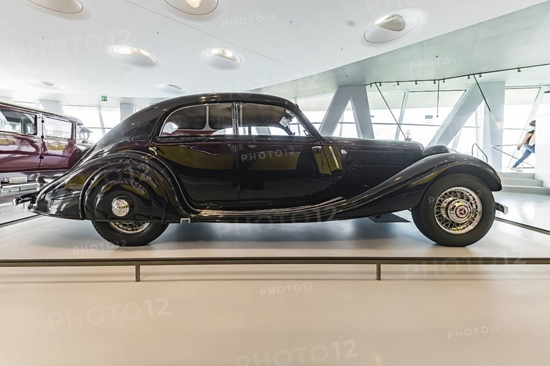 Mercedes-Benz 320 streamlined saloon from 1939. The Mercedes-Benz Museum in Stuttgart presents a journey through the automotive history of the global corporation. The history of the Mercedes star begins with the first automobile in 1886. Stuttgart, Baden-Württemberg, Germany