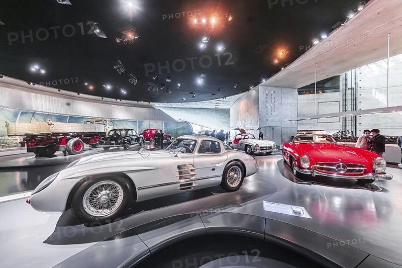 Mercedes-Benz 300 SLR Uhlenhaut Coupé from 1955. Two examples were built, one was auctioned. With proceeds of 135 million euros, it is the most valuable car in the world. The Mercedes-Benz Museum in Stuttgart presents a journey through the automotive history of the global corporation. The history of the Mercedes star begins with the first automobile in 1886. 160 vehicles are on display. Stuttgart, Baden-Württemberg, Germany