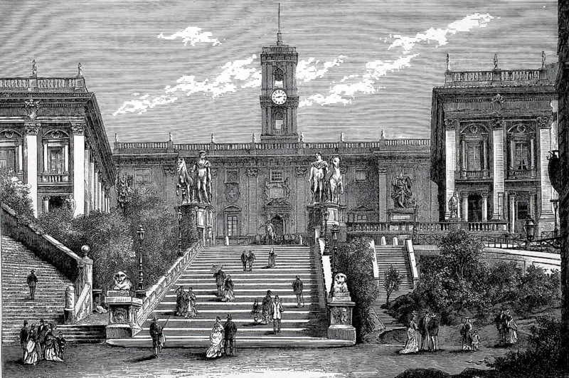 The Capitol Square, Piazza del Campidoglio, c. 1800, Rome, Italy, Historical, digitally restored reproduction of a 19th century original