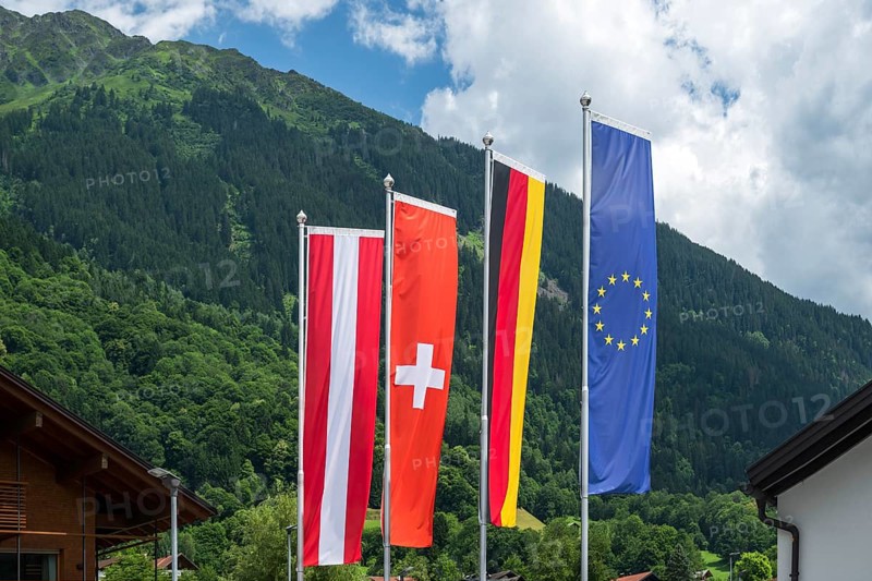 National flags Austria, Switzerland, Germany and Europe, Schruns, Austria
