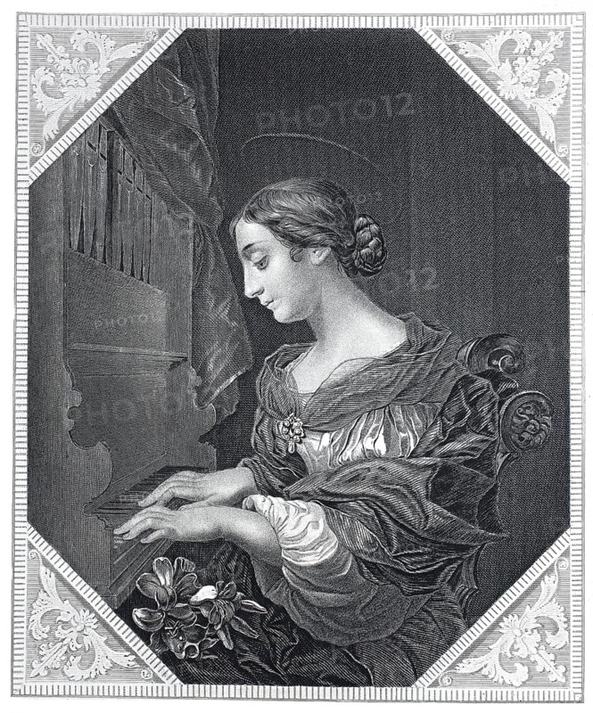St Cecilia playing the organ, steel engraving after a painting by Carlo Dolci, historical, digitally restored reproduction of a 19th century original