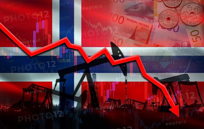 Petrol crisis with Norway flag on financial graph. Fall oil price with flag of Norway on economic chart