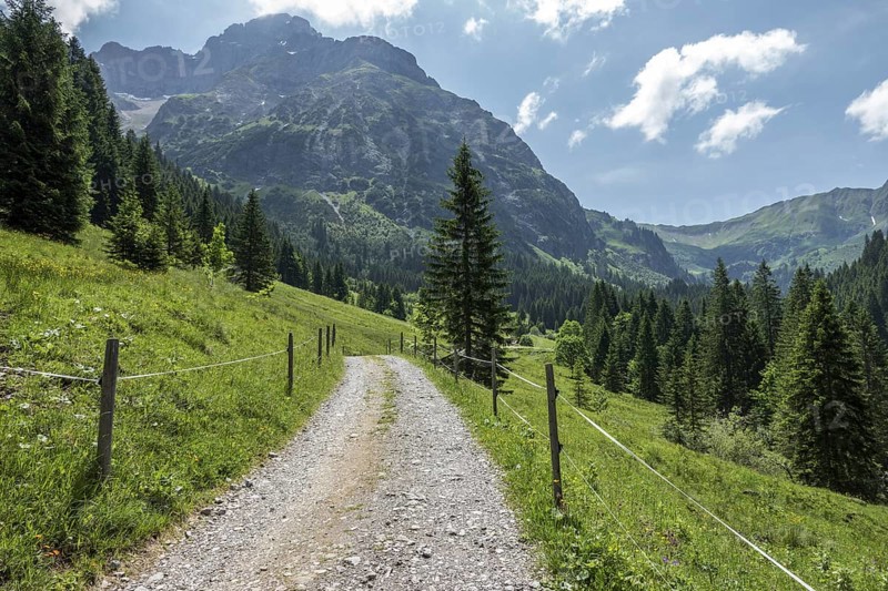 Hiking trail in Bärgunttal, behind Großer Widderstein, near Baad, Kleinwalsertal, Vorarlberg, Austria