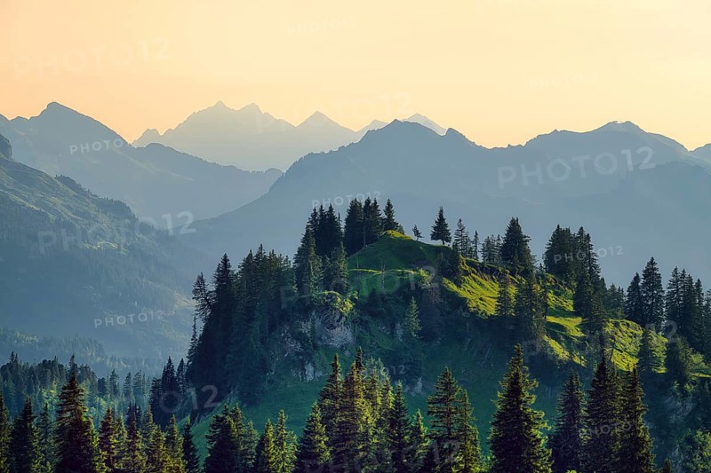 View from the Pragel Pass over the Muota Valley in the evening light, Central Swiss Alps, Canton Schwyz, Switzerland