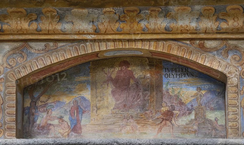 Fresco of the Wonder of the World Olympia, Phidias' statue of Zeus at the Fountain of Wonders, 1508, in the inner courtyard of Neustift St Margarethen Monastery, Vahrn, Bolzano district, South Tyrol, Italy