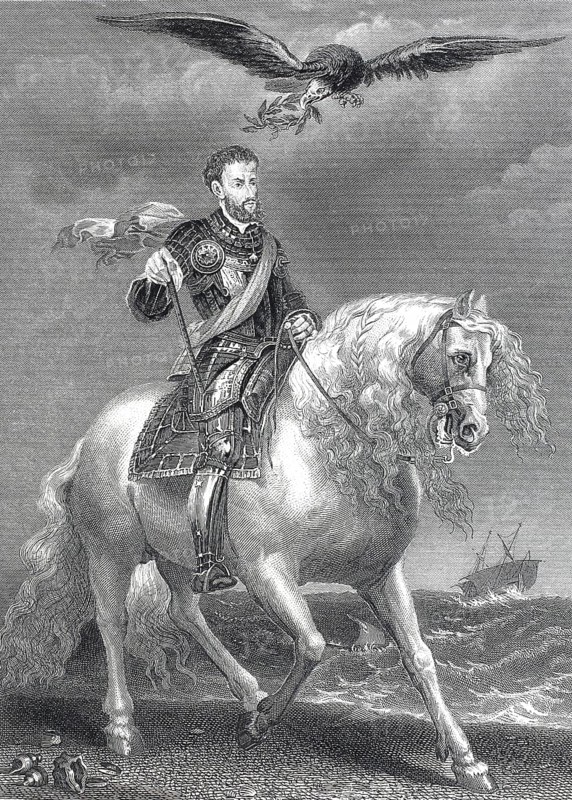 Equestrian portrait of Emperor Charles V on horseback, with an eagle hovering over the scene with a laurel wreath in its beak, steel engraving after a painting by Van Dyck, historical, digitally restored reproduction of a 19th century original