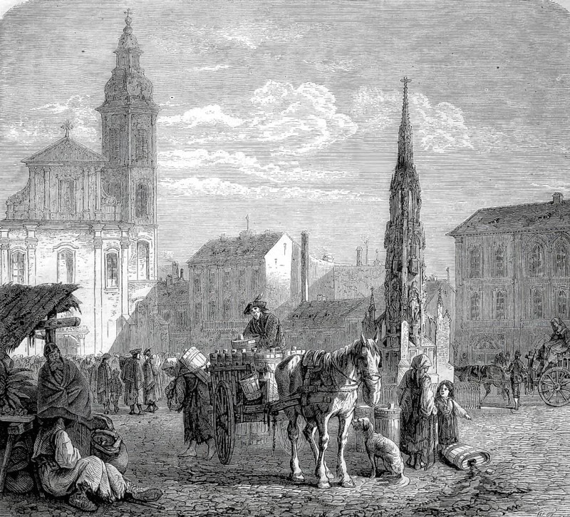 On the town square in Pest, today Budapest, Hungary, Historical, Reproduction from a model with a scene from the 19th century