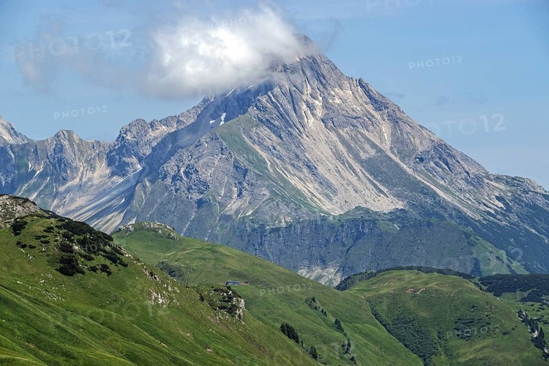 View from the Hochalp Pass, behind Biberkopf, Allgäu Alps, near Hochkrumbach, Vorarlberg, Austria