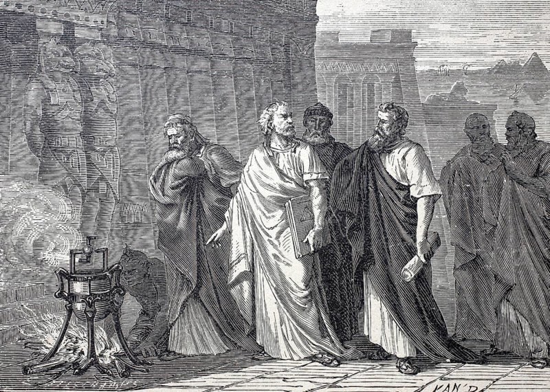 Heron of Alexandria, called Mechanicus, Greek mathematician and engineer demonstrates his rotating ball, Aeolipile, Heronsball to the Alexandrian school, ca 50.Chr., Historical, digitally enhanced reproduction of a 19th century model