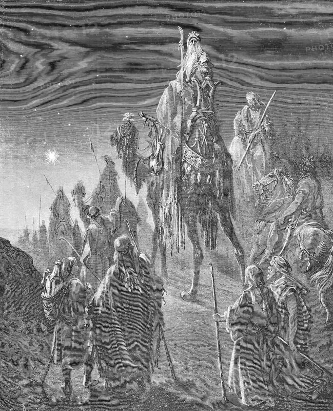 The Star of the Wise Men, Star of Bethlehem, an astronomical event mentioned in the Christmas story in the Gospel of St Matthew, Historical, reproduction from a 19th century model with a scene from the 19th century