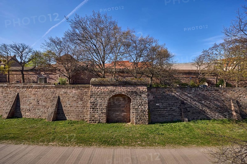 Old town, city fortification, city wall, trees, lawn, blue sky, Frauentor wall, Frauentor moat, Nuremberg, Middle Franconia, independent city, Bavaria, Germany