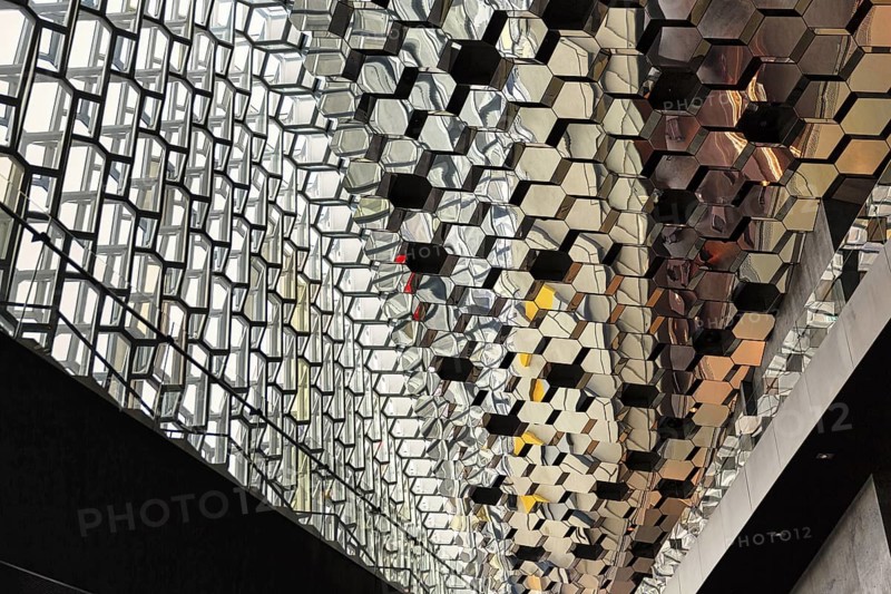 Honeycomb windows, glass façade, interior view, Harpa concert hall, architect Henning Larsen, façade by artist Ólafur Elíasson, Reykjavík, Iceland