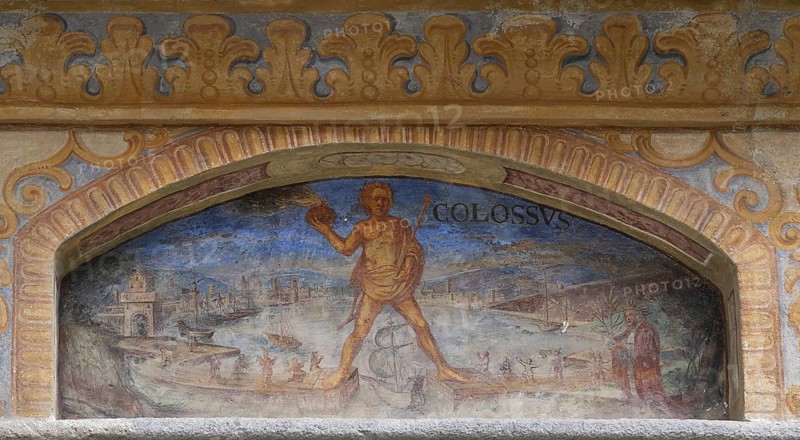 Fresco of the Wonder of the World Colossus of Rhodes at the Fountain of Wonders, 1508, in the courtyard of Neustift St Margarethen Monastery, Vahrn, district of Bolzano, South Tyrol, Italy