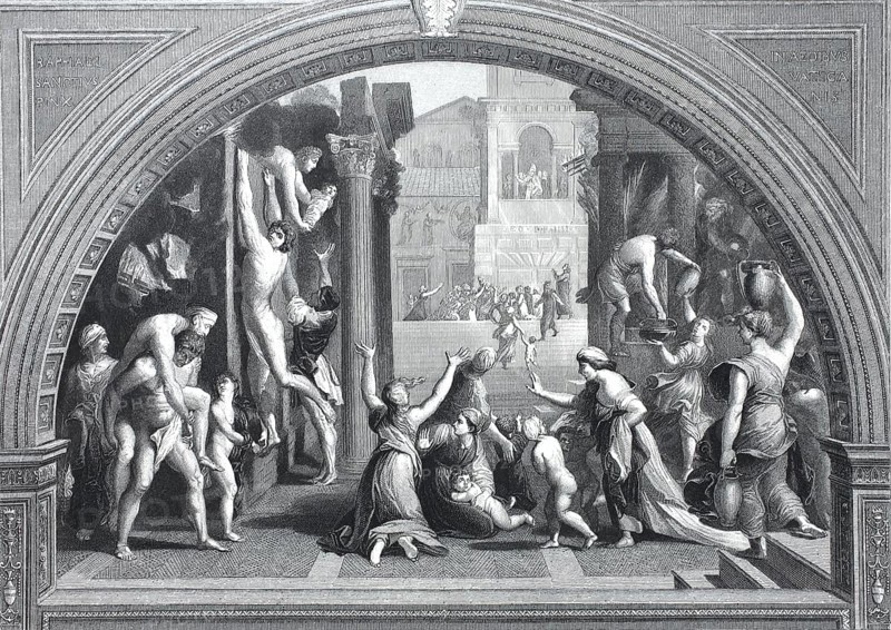 Incendio del Borgo, Fire in the Borgo, fresco by Raphael. It depicts the legend of a fire that broke out in 847 in the Borgo district of Rome and was extinguished by the prayers of Pope Leo IV, steel engraving after a painting by Raphael, historical, digitally restored reproduction of a 19th century original