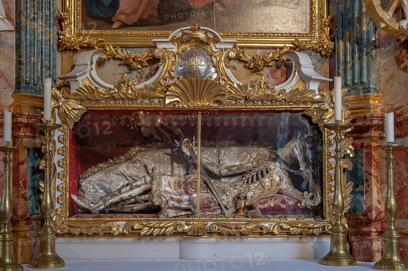 Catracomb Saint Clemens, laid in a glass coffin, Baroque parish church of St Nicholas, 1725, Tannheim, Austria