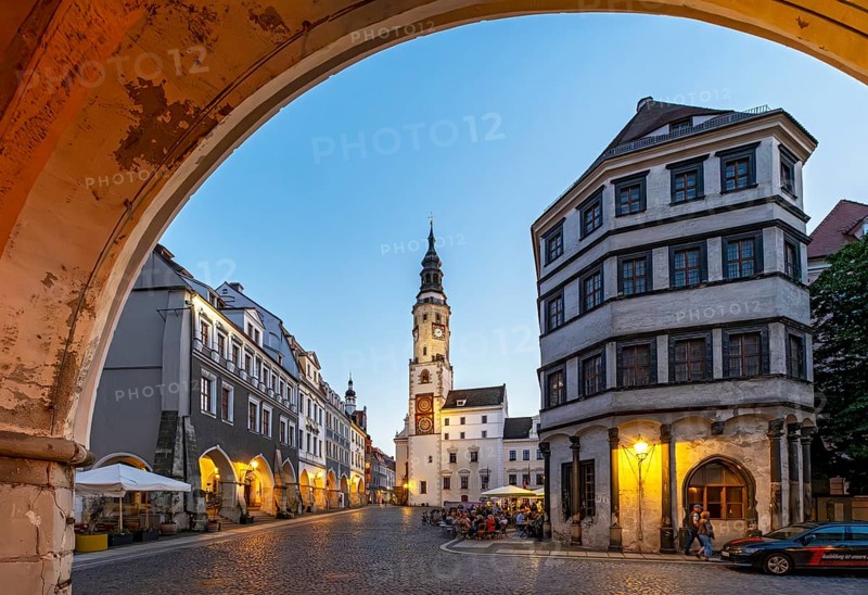 Untermarkt - Lower Market Square with the Old Town Hall Clock Tower and Waage building by night, Görlitz, Goerlitz, Germany