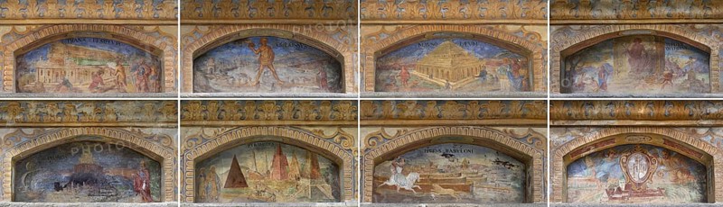 Eight fresco paintings on the Fountain of Wonders of the Eight Wonders of the World, 1508, in the inner courtyard of Neustift St Margarethen Abbey, Vahrn, Bolzano district, South Tyrol, Italy from left to right: Colossus of Rhodes, The Mausoleum in Halicarnassus Pyramids of Giza, the Hanging Gardens of Babylon, the eighth wonder of the world is Neustift Abbey itself. --