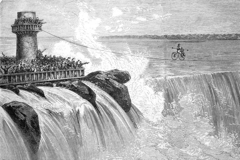 Bicycle Ride over Niagara Falls, A velocipede ride over Niagara Falls is a daring endeavour undertaken by some daredevils in the 19th century, America, Historical, Reproduction from an original with a scene from the 19th century