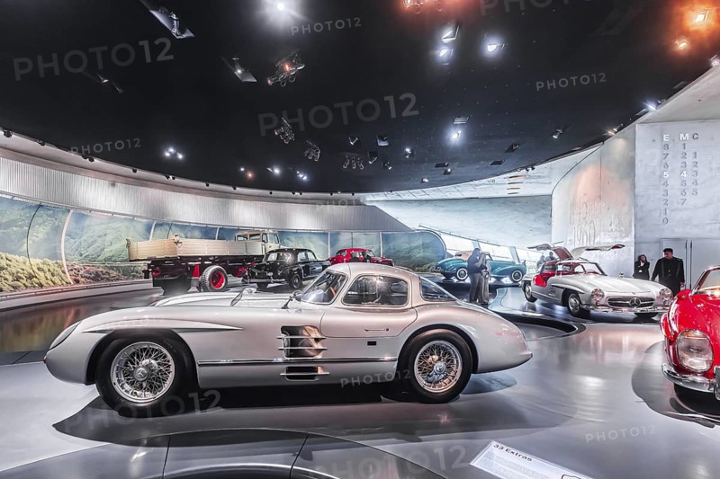 Mercedes-Benz 300 SLR Uhlenhaut Coupé from 1955. Two examples were built, one was auctioned. With proceeds of 135 million euros, it is the most valuable car in the world. The Mercedes-Benz Museum in Stuttgart presents a journey through the automotive history of the global corporation. The history of the Mercedes star begins with the first automobile in 1886. 160 vehicles are on display. Stuttgart, Baden-Württemberg, Germany