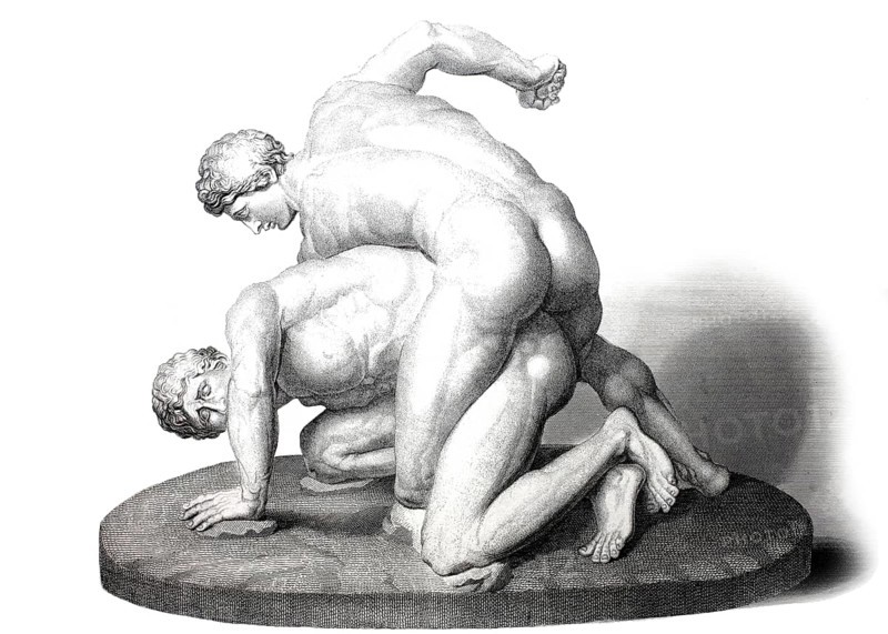 The Uffizi Wrestlers or The Two Athletes, famous Roman marble sculpture, Uffizi Gallery in Florence, depiction of a wrestling match, pankration scene, an ancient Greek martial art, Italy, Historical, digitally restored reproduction of a 19th century original