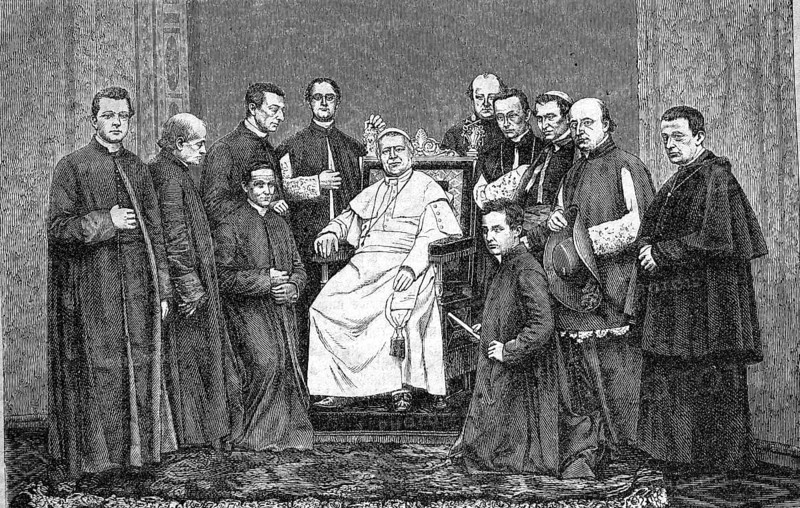 Pius IX, Giovanni Maria Mastai Ferretti (13 May 1792 to 7 February 1878) was the 255th pope from 1846 to 1878, here with his Familia pontificia, papal chamberlains, papal court, Historical, Reproduction from a 19th-century scene