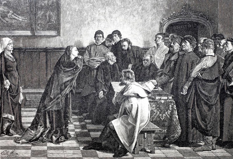 Mary of Burgundy begs the judges of Ghent for mercy for the councillors Hugonet and d'Himbercourt, 1477. Mary of Burgundy, Marie de Bourgogne (13 February 1457 - 27 March 1482) was the only child and sole heiress of Duke Charles the Bold, Historical, digitally enhanced reproduction of a 19th century original