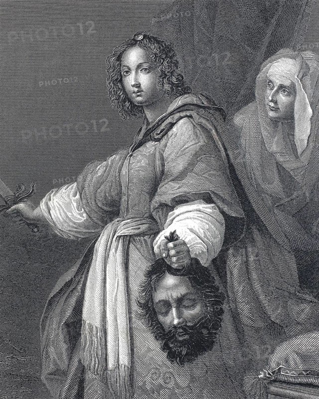 Judith with the head of the Assyrian general Holofernes, whom she beheaded with his own sword, steel engraving after a painting by Alessandro Allori, historical, digitally restored reproduction of a 19th century original