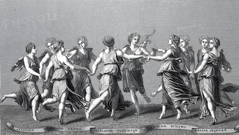 Apollo and the nine muses, steel engraving after a painting by Antoniazzo Romano, actually Antonio di Benedetto Aquilio degli Aquili, historical, digitally restored reproduction of a 19th century original
