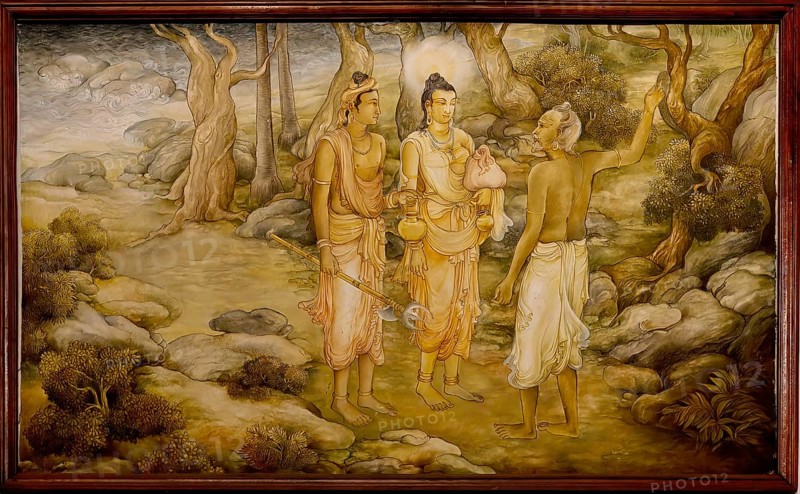 Temple of the sacred Tooth Relic or Sri Dalada Maligawa, Painted panel depicting the history of the Sacred Tooth Relic, New Shrine room or Alut Maligawa ceiling, Kandy, Sri Lanka