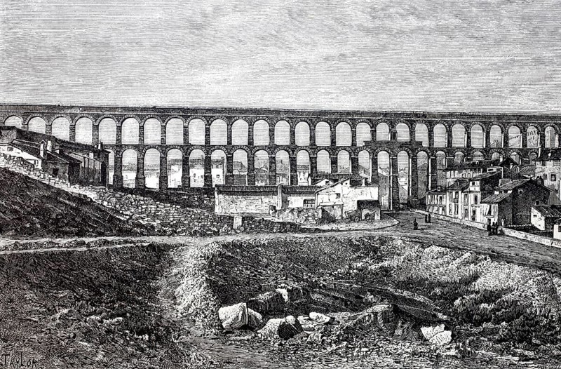 The ancient Roman water conduit, aqueduct, in Segovia, around 1890, Spain, Historical, digitally enhanced reproduction of a 19th century model