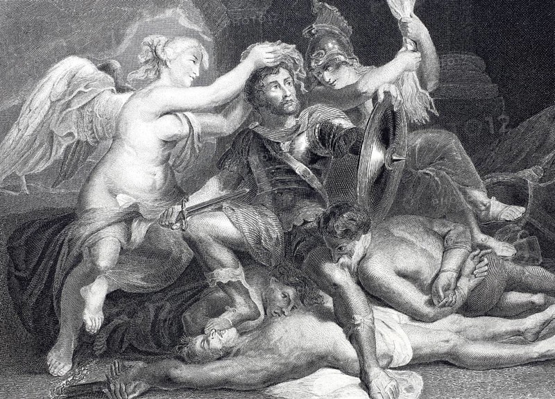 The coronation of the victor, apotheosis, the elevation of a man to a god or demigod, steel engraving after a painting by Rubens, historical, digitally restored reproduction of a 19th century model