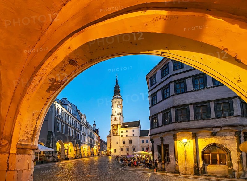Night-time view of Untermarkt - Lower Market Square and the Old Town Hall Clock Tower, Görlitz, Goerlitz, Germany