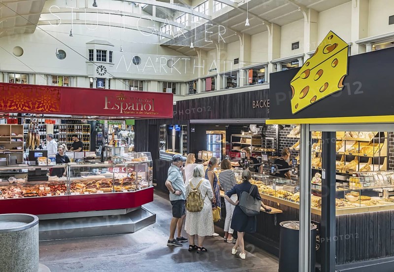 Stuttgart market hall in Art Nouveau architectural style. Food market in the upper price segment. Stuttgart, Baden-Württemberg, Germany