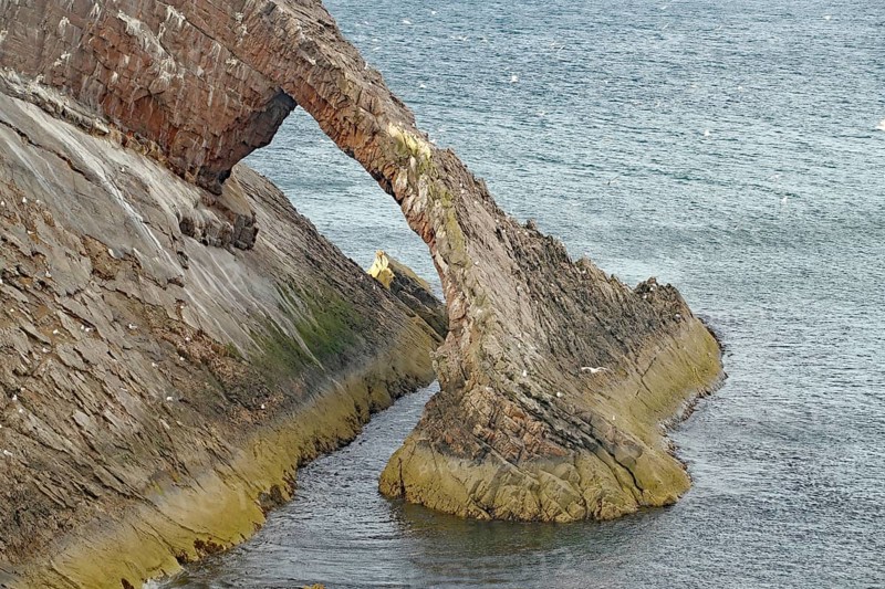 Remarkable rock formation jutting into the sea under a blue sky with few clouds, Bow Fiddle Rock, Aberdeenshire, Buckie, Scotland, United Kingdom