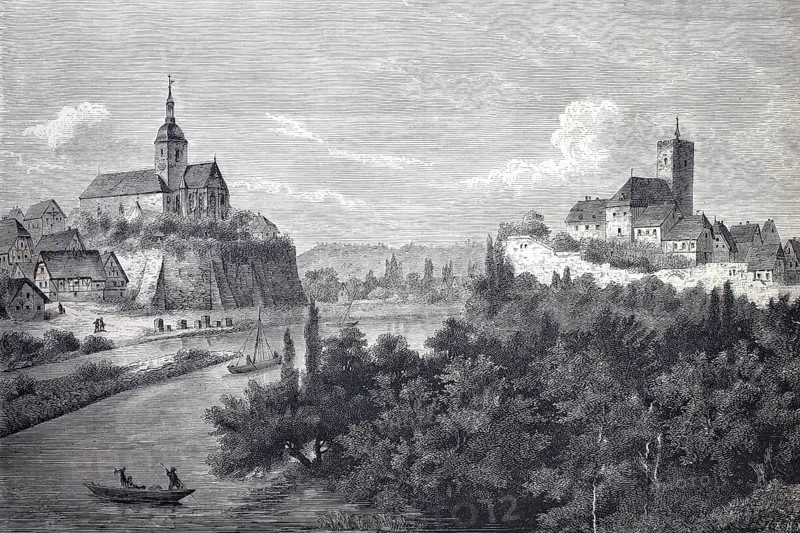 View of Lauffen am Neckar, 1869, Castle and Regiswindiskirche, District of Heilbronn, Baden-Württemberg, Germany, Historical, digitally enhanced reproduction of a 19th century original