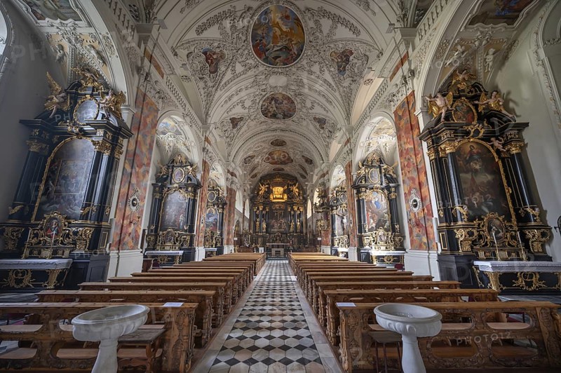 Interior with side altars and high altar with Lenten cloth, Wilten Abbey, Klostergasse 7, Wilten, Innsbruck, Austria