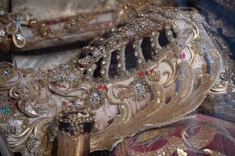 Catracomb Saint Clemens, laid in a glass coffin, Baroque parish church of St Nicholas, 1725, Tannheim, Austria