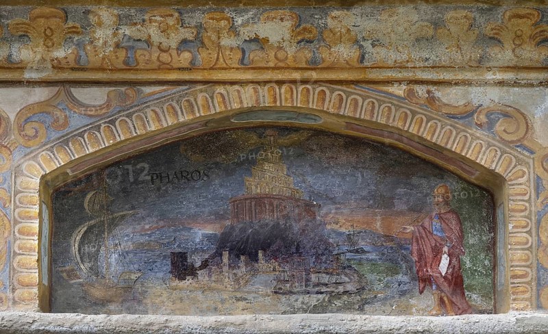 Fresco of the wonder of the world Alexandria, lighthouse on the island of Pharos at the fountain of wonders, 1508, in the courtyard of Neustift St Margarethen monastery, Vahrn, district of Bolzano, South Tyrol, Italy