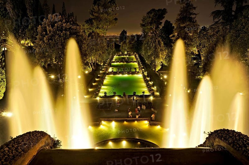 Neptune Fountain, Fontana di Nettuno, fish ponds, Renaissance garden of Villa d'Este, water features, fountains, atmospheric illumination at night, UNESCO World Heritage Site, Tivoli, metropolitan city of Rome, Lazio, Italy