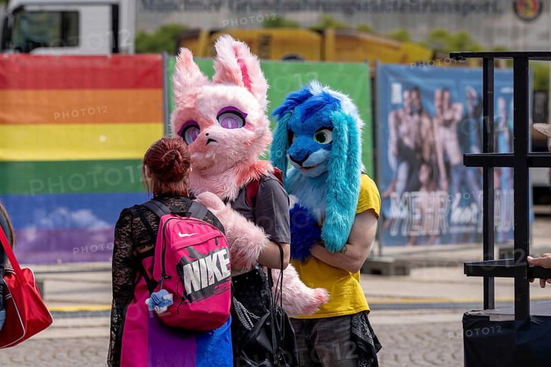 Participants with plush bunny masks, so-called furries, at Christopher Street Day in Leipzig on 28 June 2025