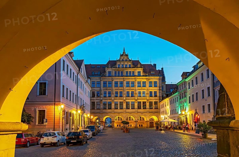Night-time view of the Lower Market Square and the New Town Hall of Görlitz, Goerlitz, Germany