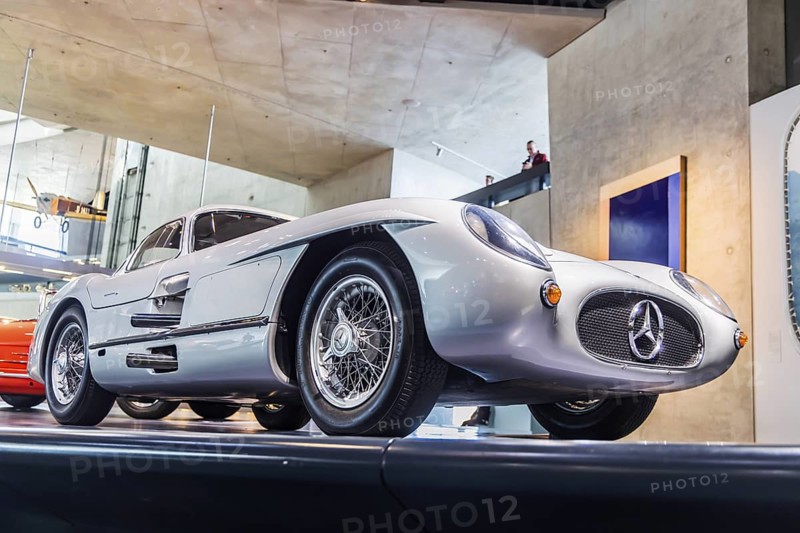 Mercedes-Benz 300 SLR Uhlenhaut Coupé from 1955. Two examples were built, one was auctioned. With proceeds of 135 million euros, it is the most valuable car in the world. The Mercedes-Benz Museum in Stuttgart presents a journey through the automotive history of the global corporation. The history of the Mercedes star begins with the first automobile in 1886. 160 vehicles are on display. Stuttgart, Baden-Württemberg, Germany
