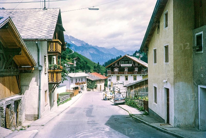 Historic village buildings and street Sellrain, district of Innsbruck-Land, Tyrol, Austria, Europe 1970