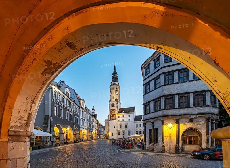 View of Untermarkt - Lower Market Square and the Old Town Hall Clock Tower, Görlitz, Goerlitz, Germany